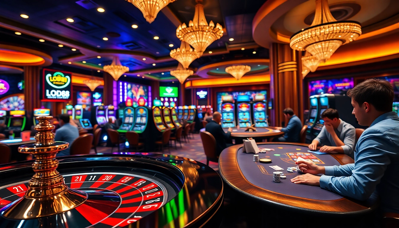 Experience high-stakes gambling at Lode88 with poker tables, roulette wheels, and vibrant slot machines.