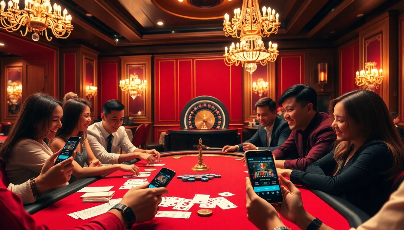 Players enjoy an exciting game bài xn88 at a luxury casino table amidst vibrant decor.