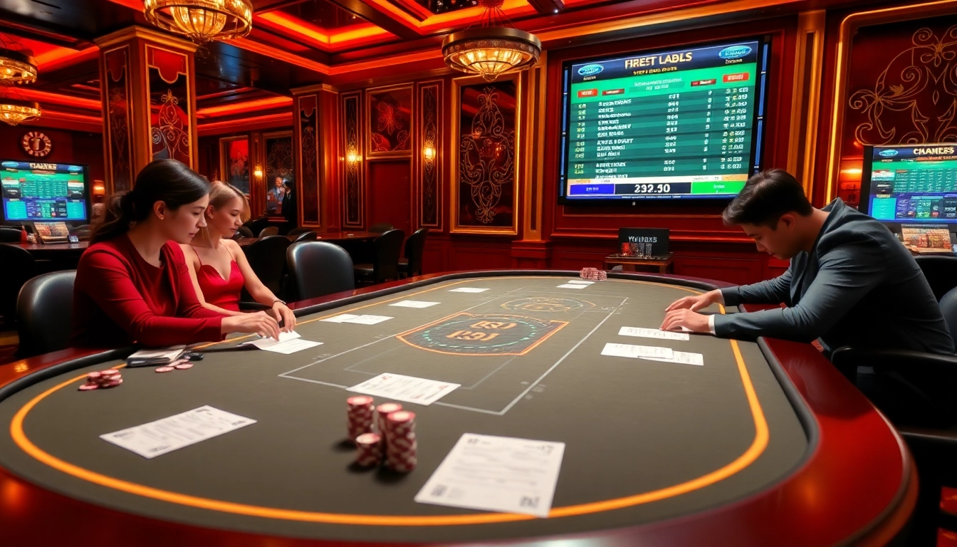 Tỷ lệ kèo bóng đá 88 shown at a luxurious betting table with gamblers placing bets.