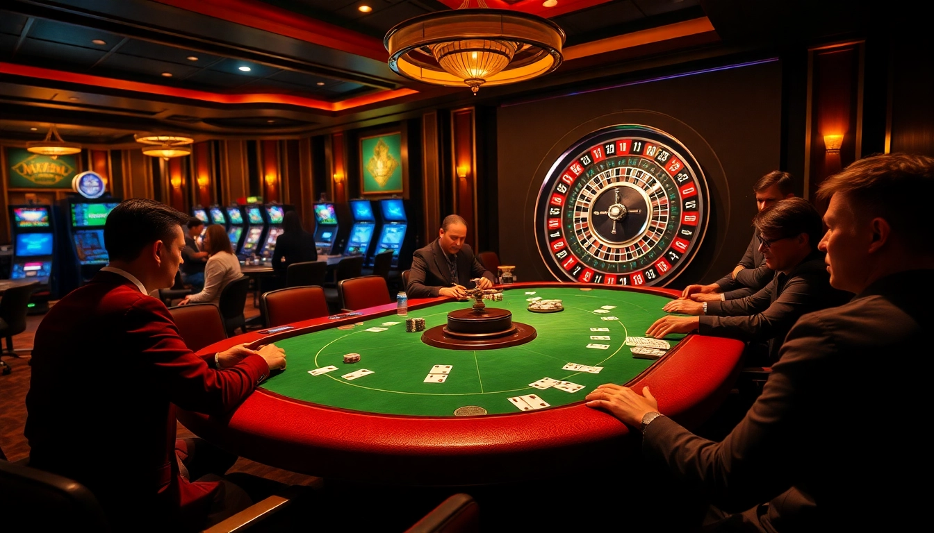 Engaging scene of fabet poker players at a casino table with chips and cards.