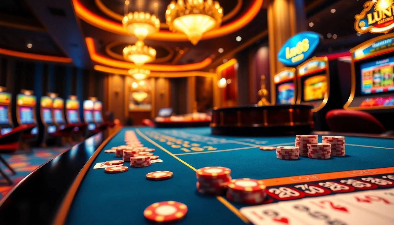 Engaged players at Lu88 Casino strategizing their bets with colorful chips and cards.