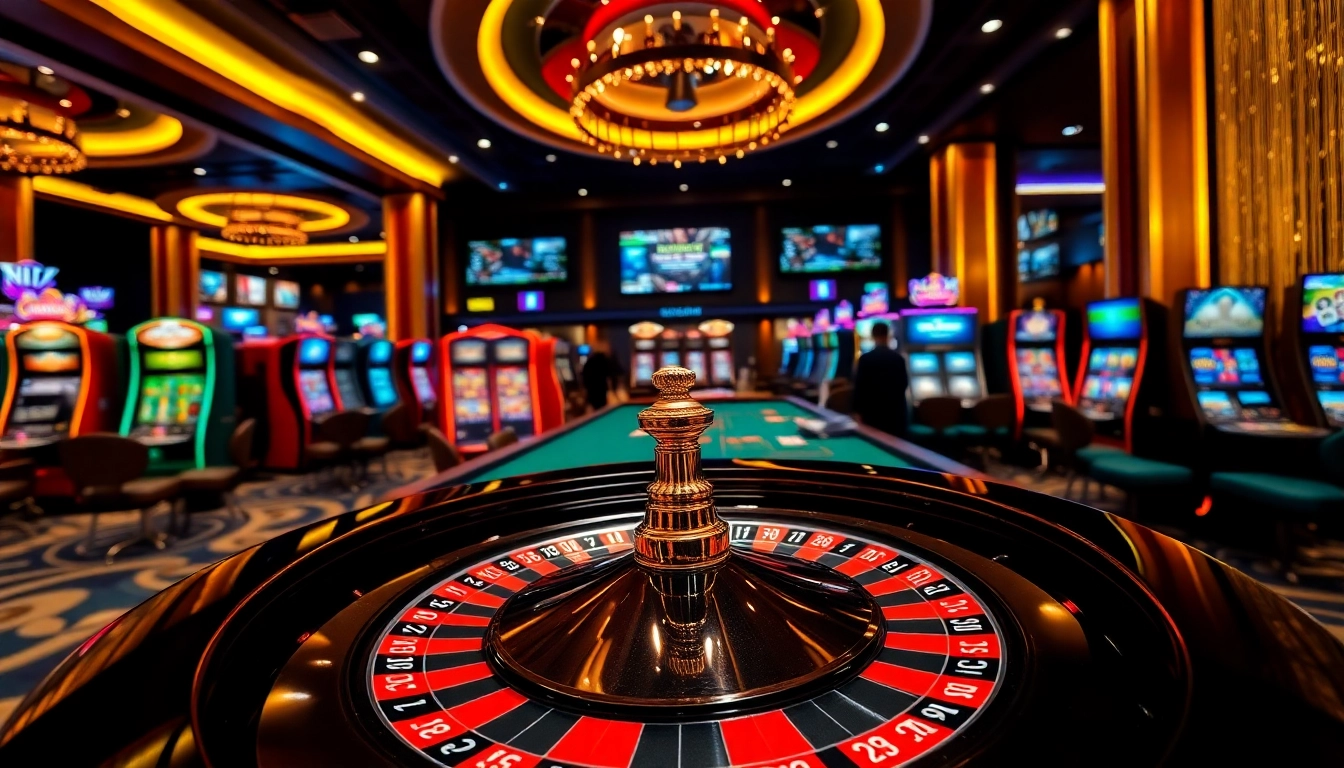 Engaging casino atmosphere at https://oxbet.giving/, featuring roulette table, vibrant poker games, and slot machines.