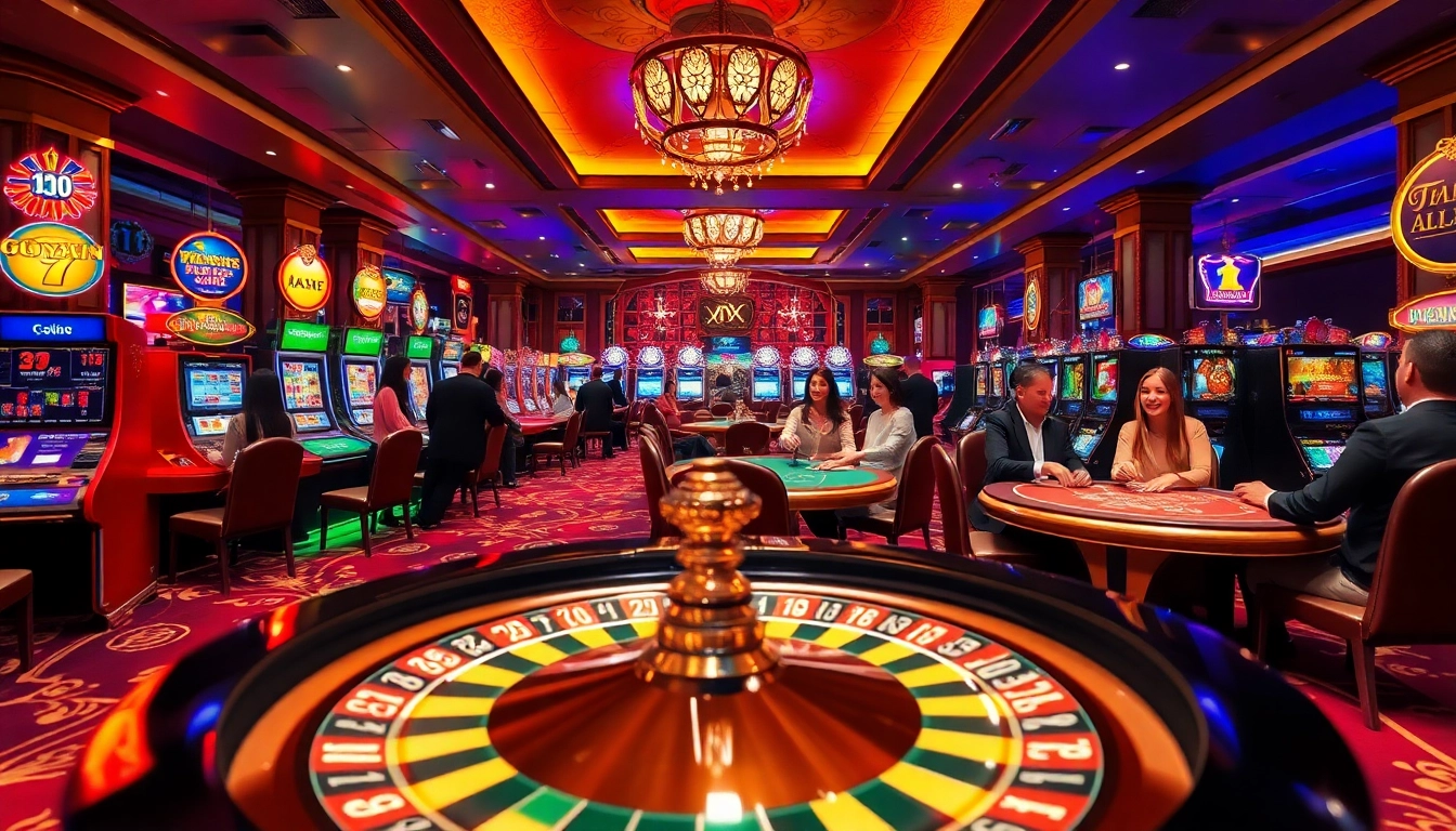 Engage with game bài xn88 in a vibrant casino scene with slot machines and poker tables.