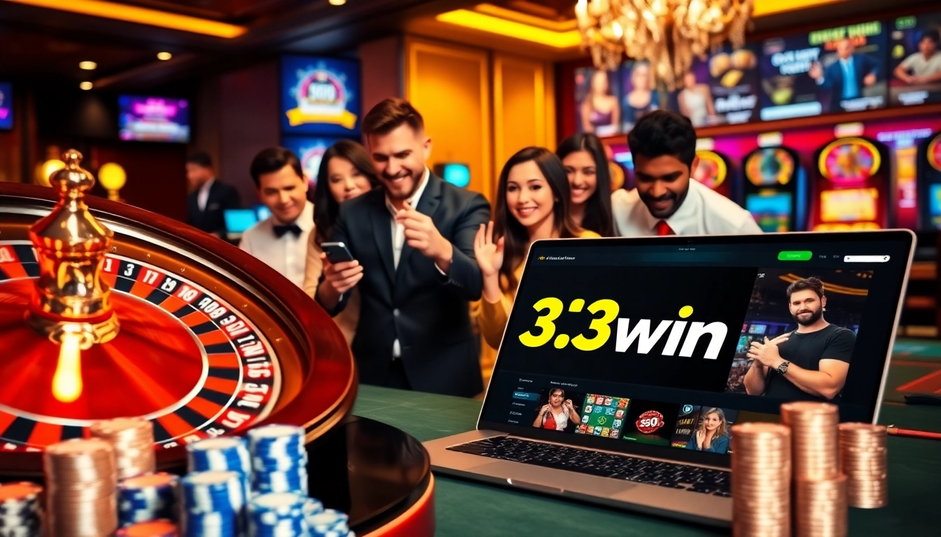 33win platform showcasing an exciting online casino scene with engaging players and vibrant roulette wheel.