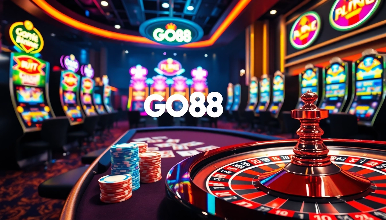 Experience thrilling gameplay at GO88 with vibrant casino tables, cards, and spinning roulette wheels.