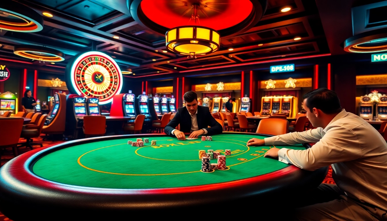 Engaging poker game at https://da88.navy/ with stacked chips and a spinning roulette wheel.