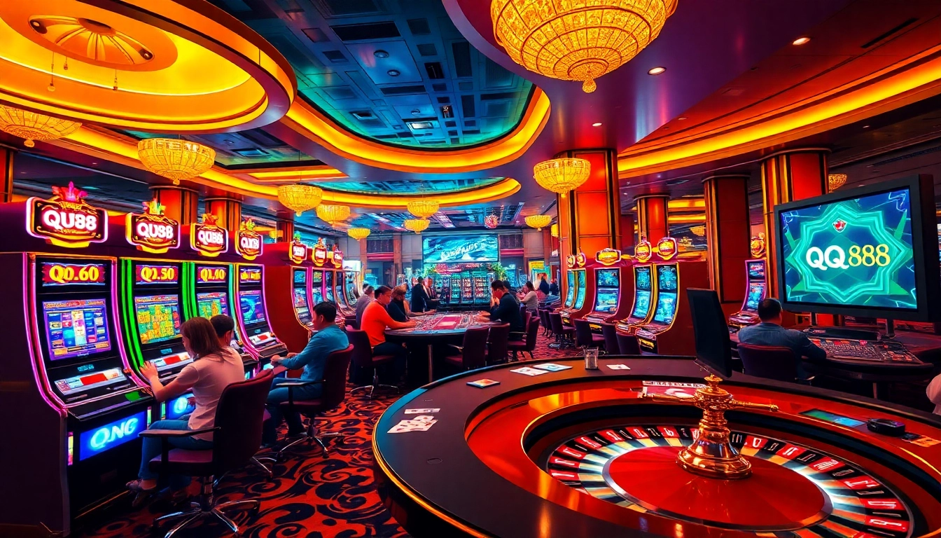 Thrilling casino experience at QQ88 with vibrant slot machines and poker tables.