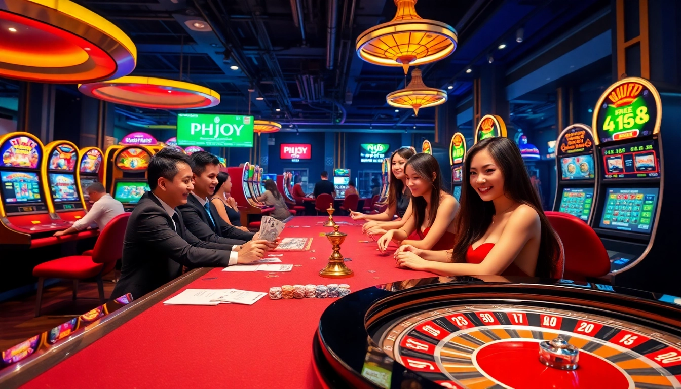 Experience thrilling sports betting at https://phjoy.it.com/ with a vibrant casino scene showcasing engaged players and exciting gaming elements.