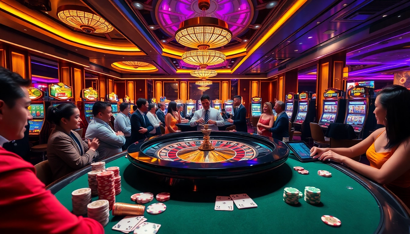 Gamblers enjoying a thrilling experience at F8BET's luxurious casino with roulette and slot machines.
