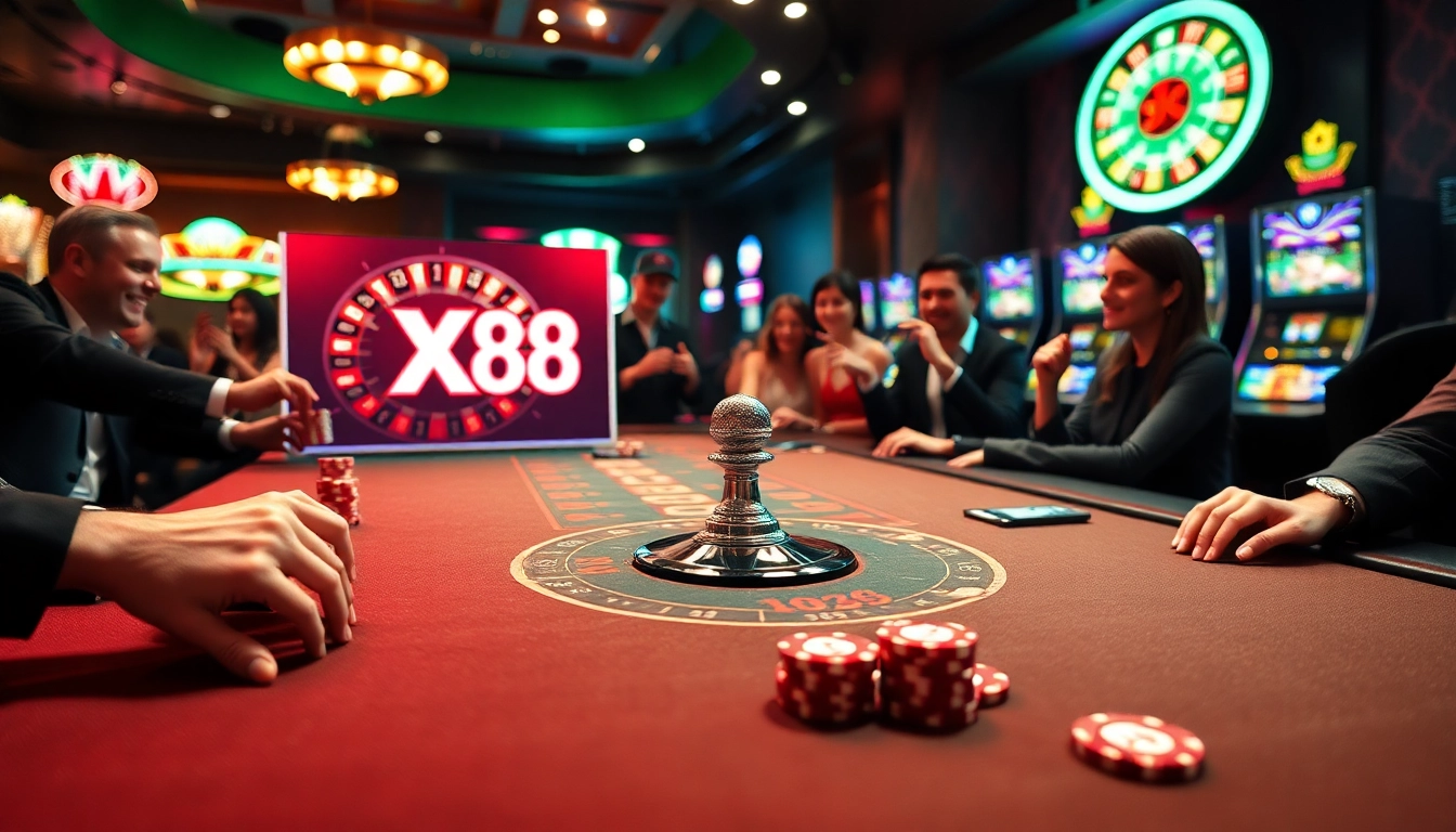 Experience the thrill of gaming at XX88 with players engaged at a vibrant poker table.