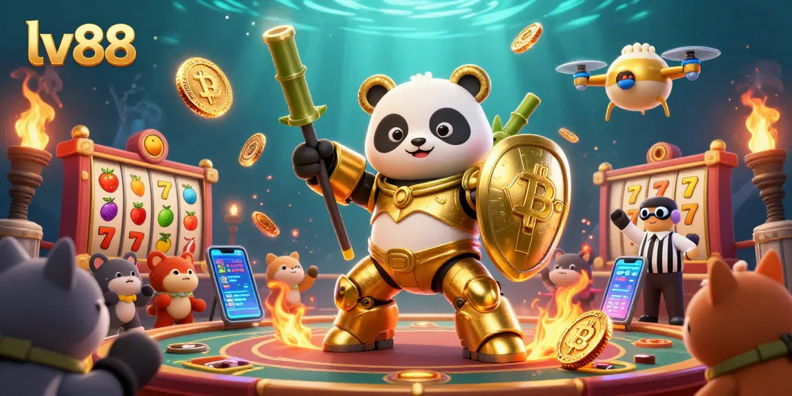 Engage in exciting gaming action with lv88's vibrant casino scene featuring a mech-suit panda amidst slot reels and crypto coins.