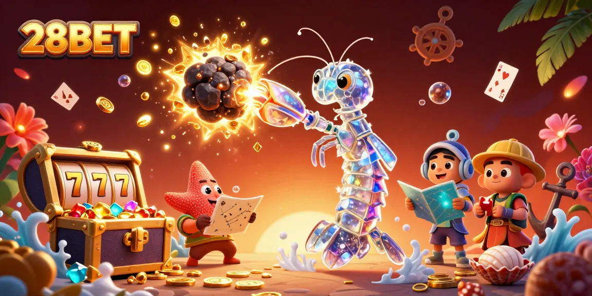 Experience thrilling wins at 28BET as the cosmic mantis shrimp battles through treasures in an action-packed scene.