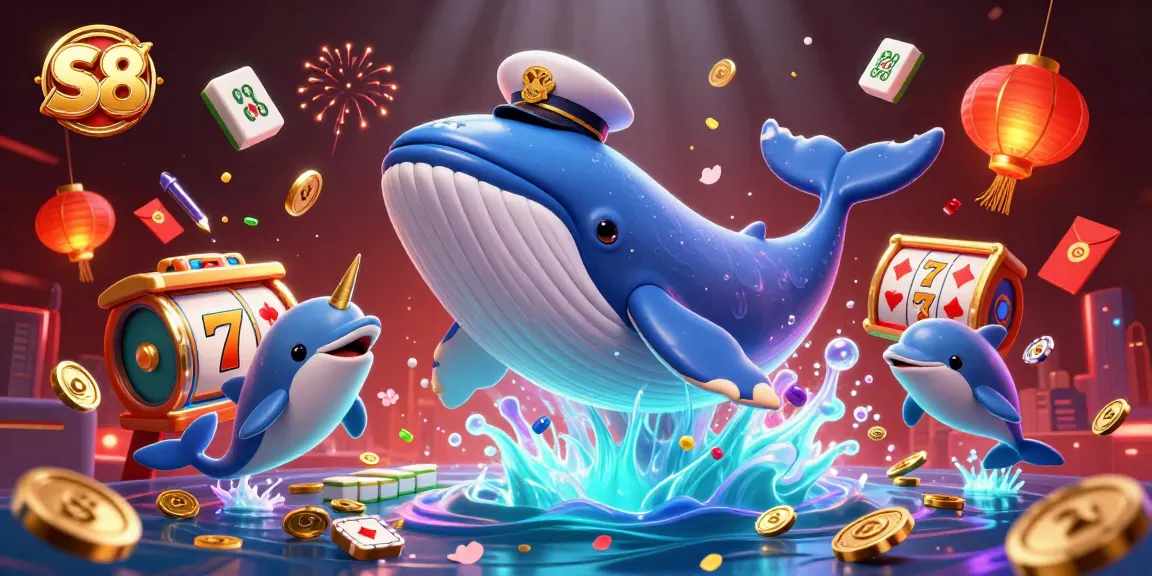 S8 captivates players with a vibrant scene featuring a whale and dolphins engaging in jackpot action amidst colorful casino symbols.