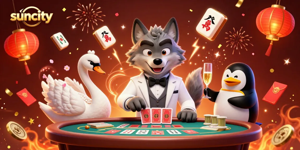 Experience thrilling baccarat at Suncity with a wolf, swan, and penguin in a festive casino setting.