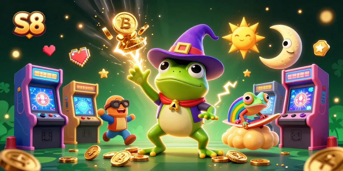 Experience the excitement of S8 with a vibrant 3D illustration of a frog wizard and chameleon in the gaming realm.