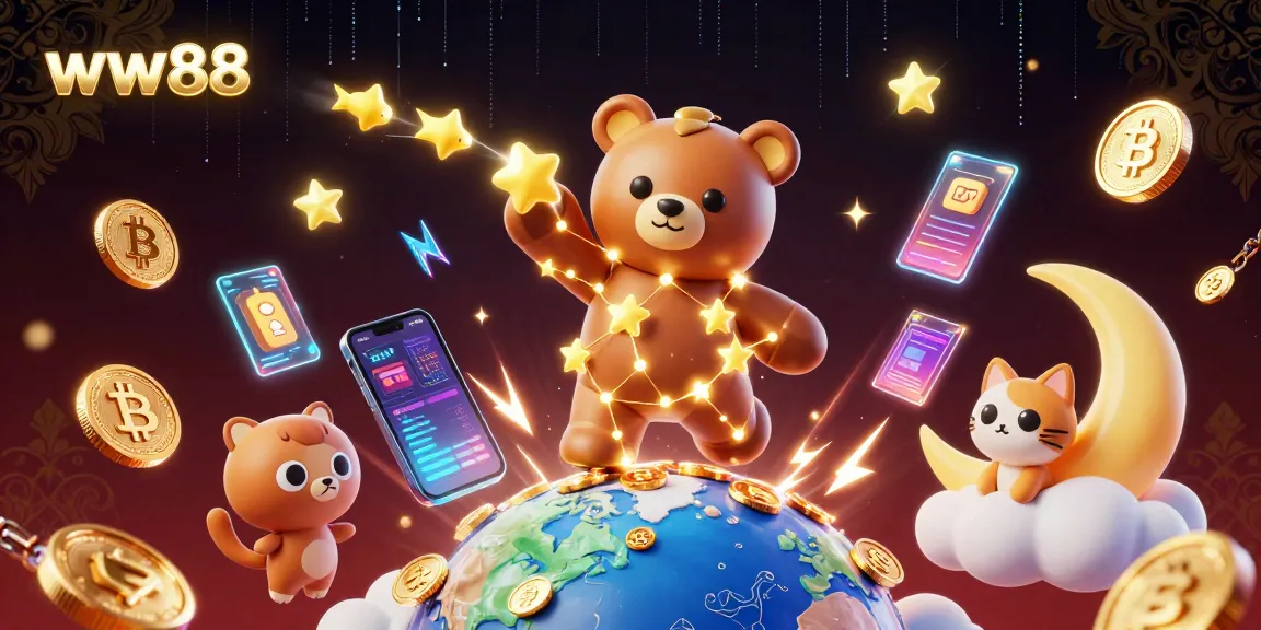 Engage with the exhilarating ww88 online casino featuring a vibrant 3D illustration of a constellation bear, crypto coins, and playful characters.