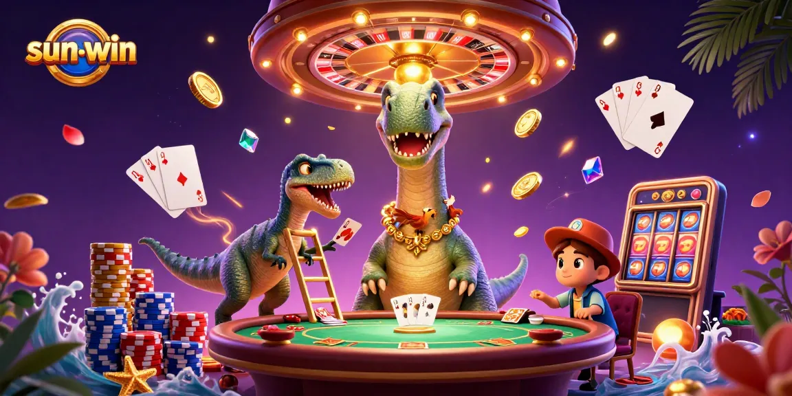 Engage with sun-win's exciting casino scene featuring a giant brontosaurus and vibrant gaming elements.