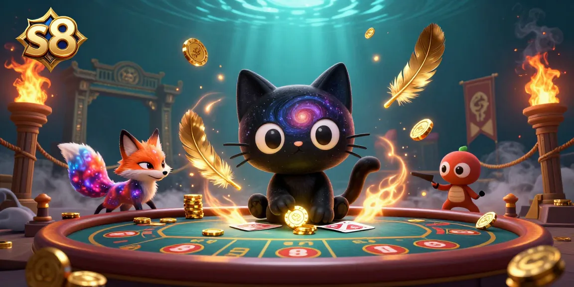 Experience thrilling action at s8 casino with a cosmic black hole cat and nebula fox amidst dynamic betting elements.