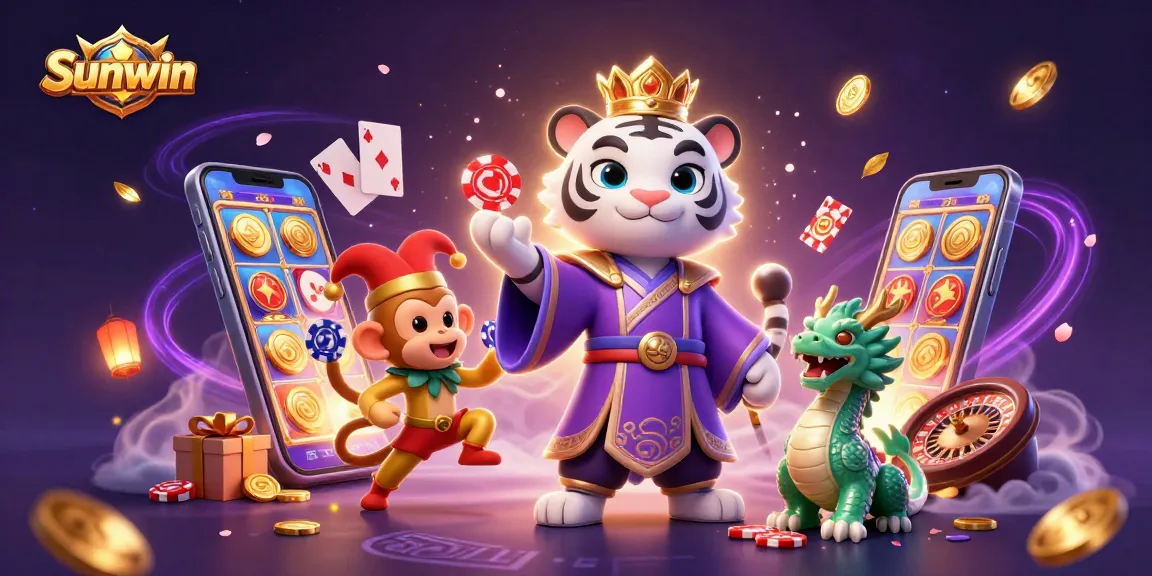 Sunwin showcases a lively scene with a tiger and monkey, symbolizing winning strategies, amidst vibrant casino elements.
