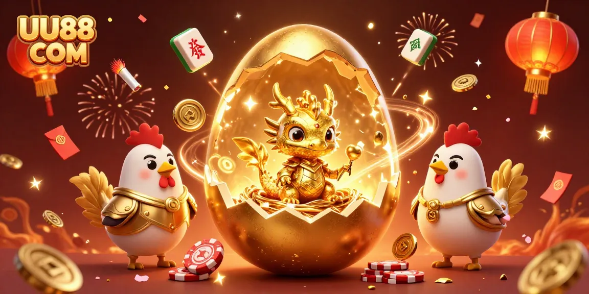 Experience thrilling wins at UU88 COM with a golden dragon amidst poker chips and festive decorations.