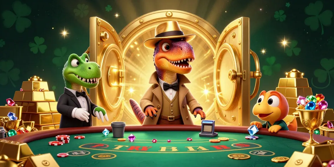 Socolive enhances your betting strategy with a lively 3D illustration of a velociraptor at a blackjack table surrounded by treasures.