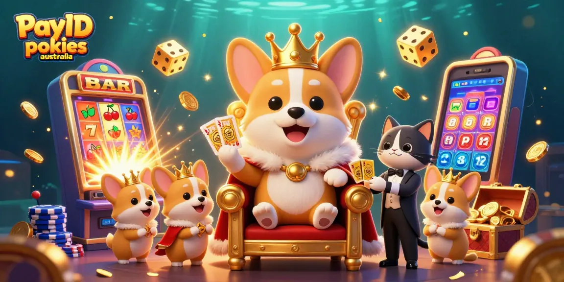 Engage with PayID pokies Australia featuring a royal corgi on a poker chip throne amidst a vibrant casino scene.