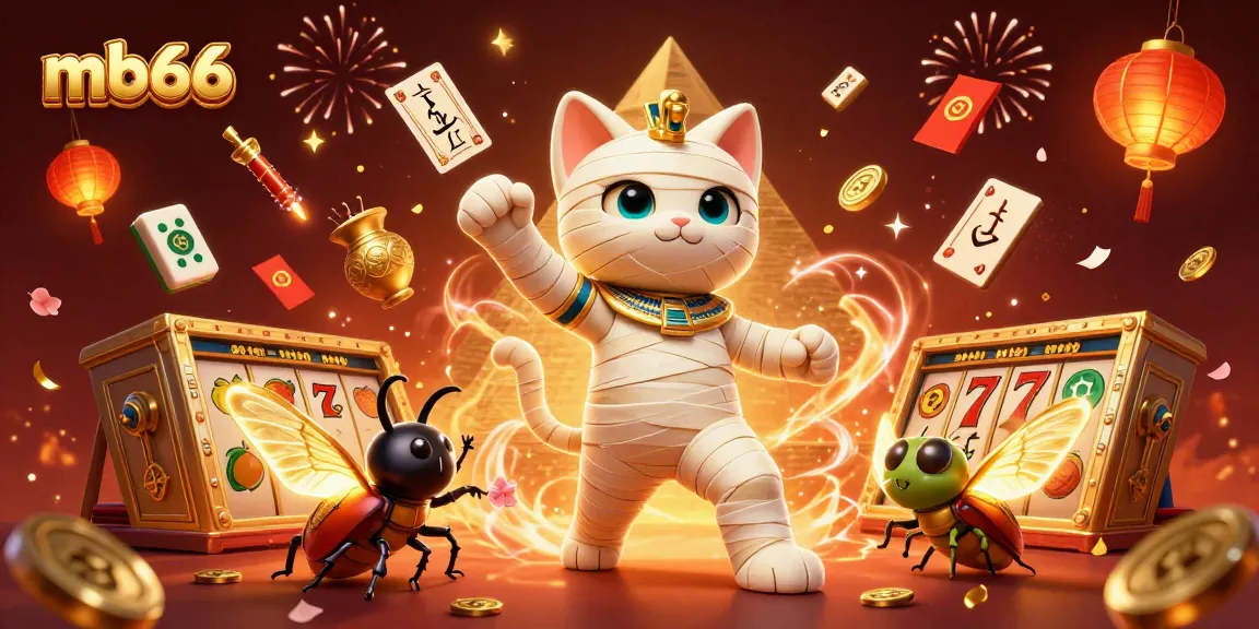 Engage with mb66's thrilling 3D casino scene featuring a mummy cat in a pyramid casino, bursting with games and excitement.