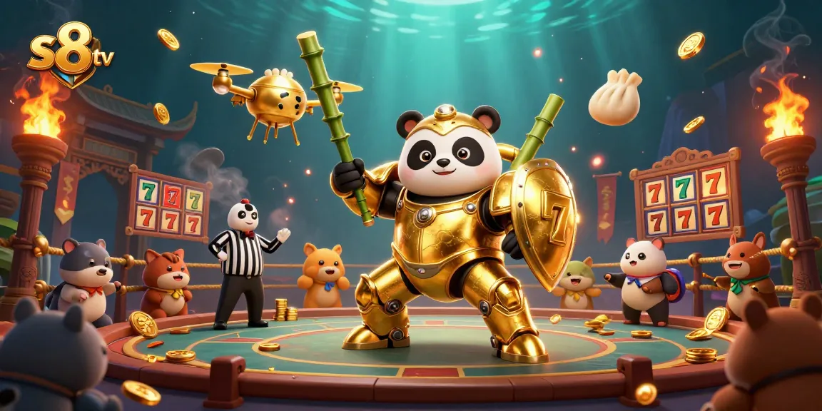 Experience thrilling gameplay with s8 tv in a dynamic casino arena featuring a mech-suit panda and golden elements.
