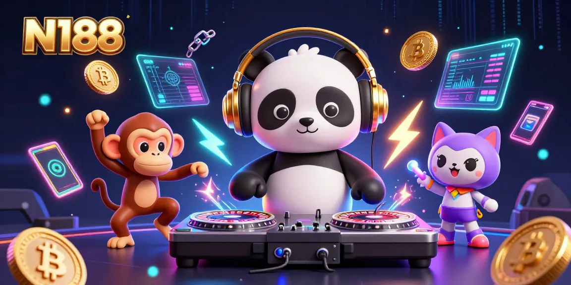 N188 offers thrilling casino experiences with lively characters in a vibrant digital illustration.