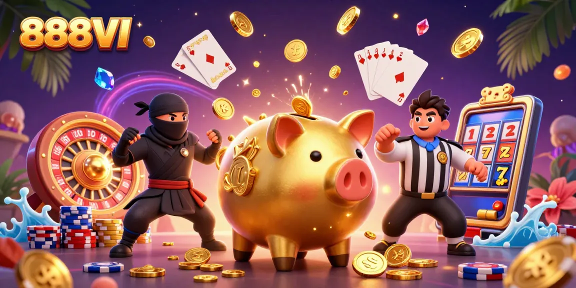 Experience the fun of 888VI with exciting wins and golden treasures in a vibrant casino scene.
