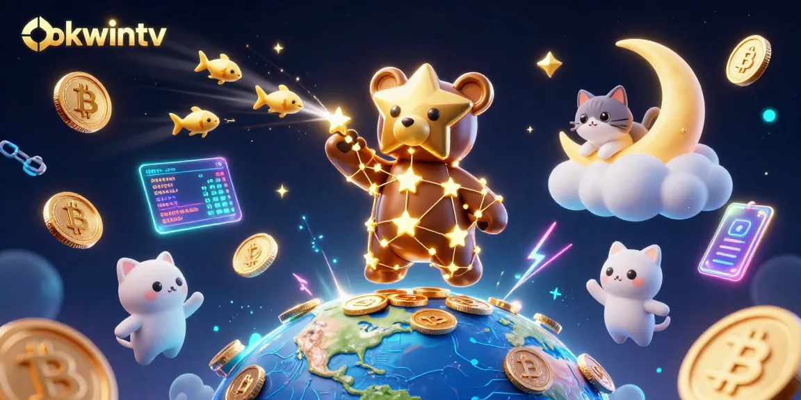 Experience gaming excitement at okwintv with a vibrant 3D illustration of a constellation bear and dynamic coins.