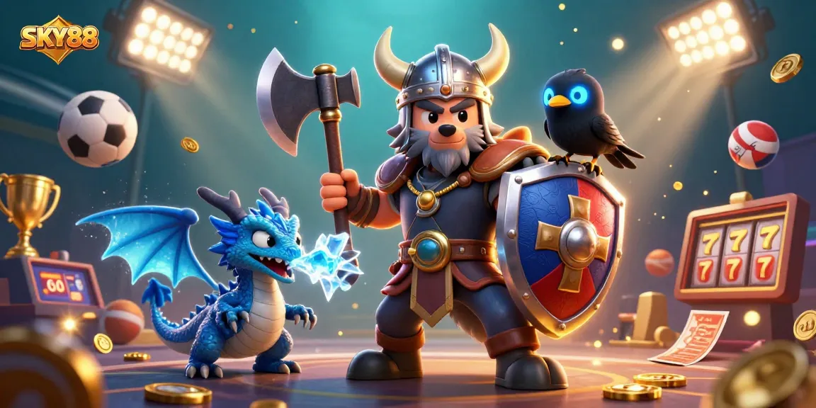 Engage in mesmerizing slots with SKY88 featuring a Viking warrior, dragon, and glowing treasures.
