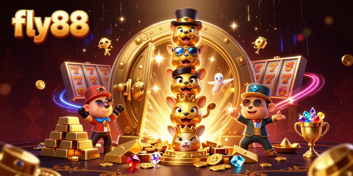 Spin and win with fly88 at this vibrant casino scene, featuring dynamic golden totem and treasures.