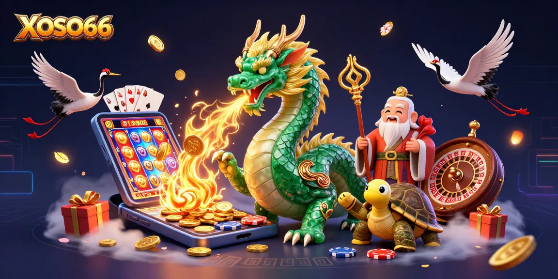 XOSO66 presents a dynamic 3D scene with a jade dragon and slot games emphasizing immersive gambling experiences.