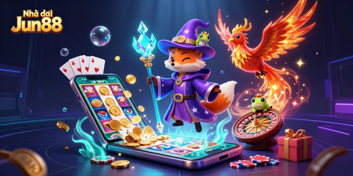 Engage with Nhà cái Jun88's thrilling gaming world featuring a wizard fox, phoenix, and a crown-wearing frog.