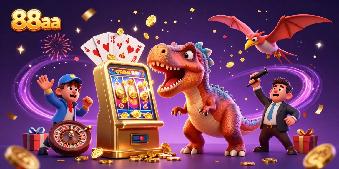 88aa gaming scene with a pachycephalosaurus winning on a slot machine and coins flying.