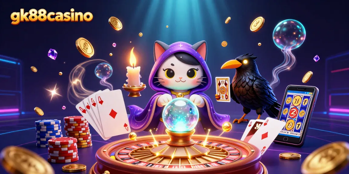 Experience thrilling games at gk88casino with dynamic illustrations of a mystical cat and enchanting casino elements.