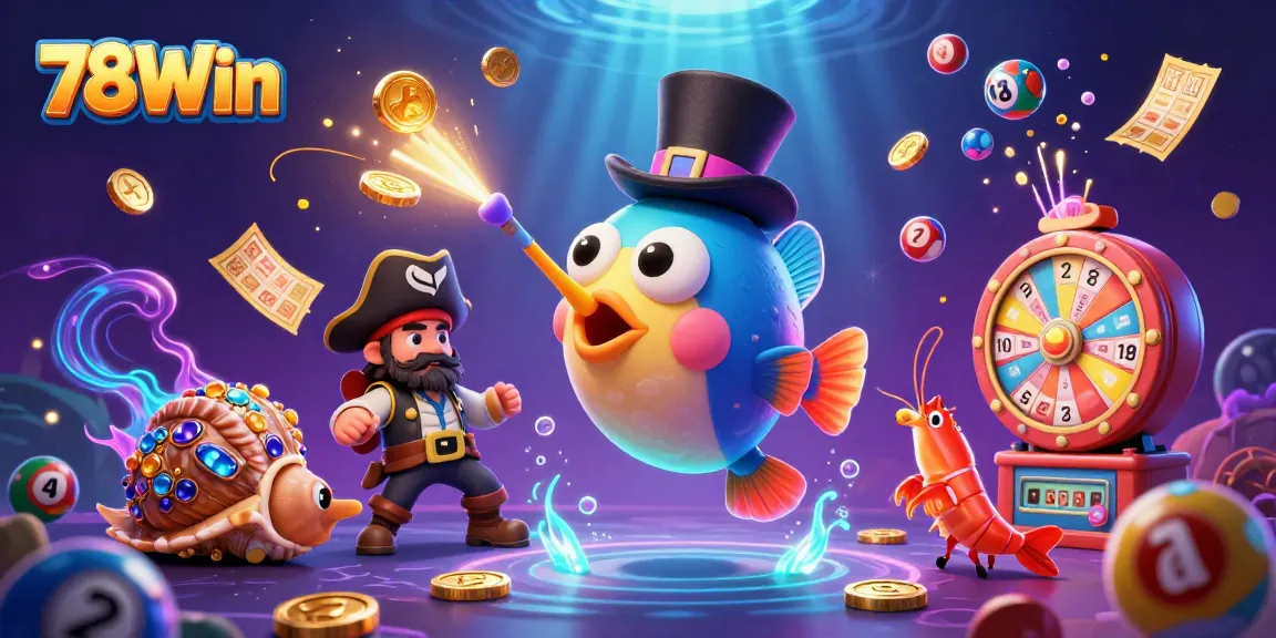 Experience exciting gaming with 78Win in an animated underwater scene filled with treasures and lottery vibes.
