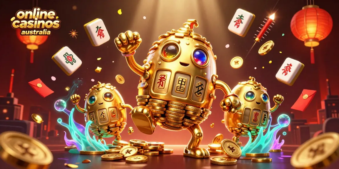 Engage with online casinos Australia featuring a golden golem, slot symbols, and vibrant game elements.