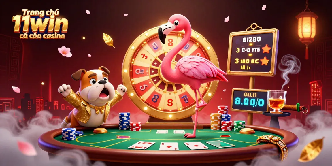 Engage with thrilling gaming action at Trang chủ 11win cá cược casino, featuring an animated flamingo host and exciting prizes.