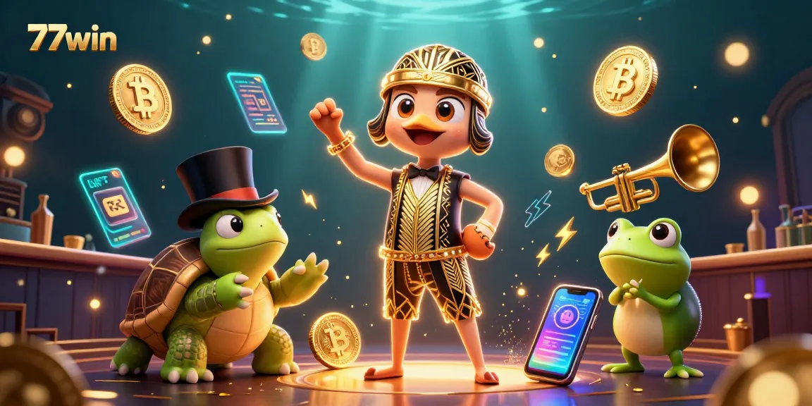 Experience the excitement at 77win with vibrant characters and dynamic gambling elements in this 3D illustration.