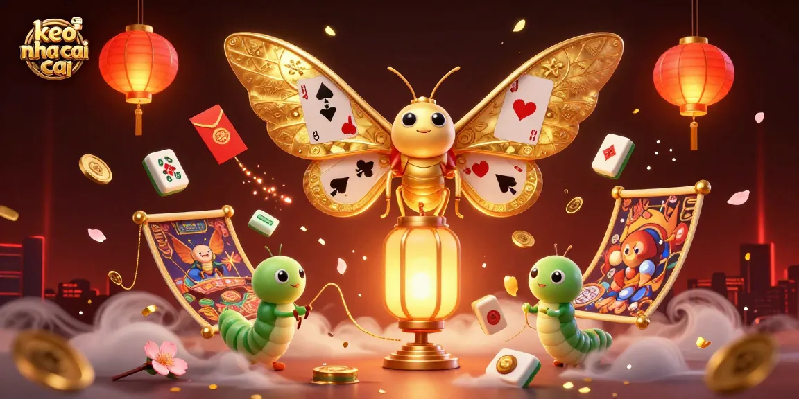 Experience the thrill of keo nha cai with this vibrant illustration showcasing a dazzling moth, lanterns, and dynamic gaming elements.