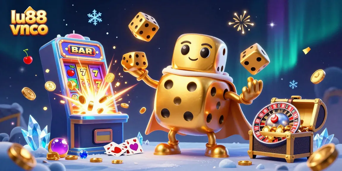 Experience the exciting world of slots at lu88 vnco with this vibrant casino illustration featuring golden dice and a jackpot explosion.