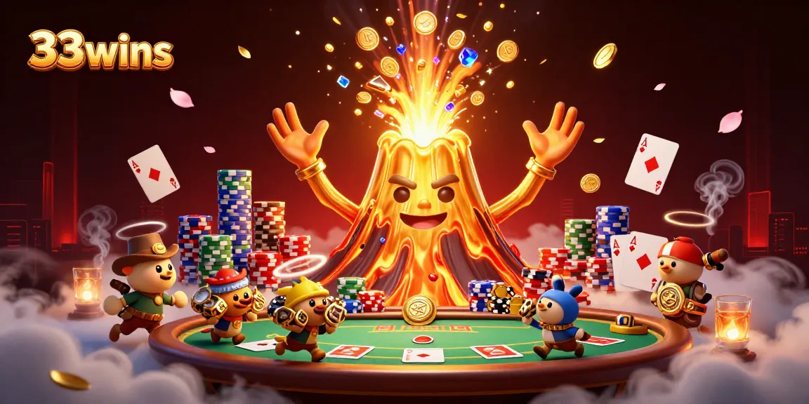 Experience thrilling poker action with 33wins as a golden volcano erupts treasure amidst intense gameplay.
