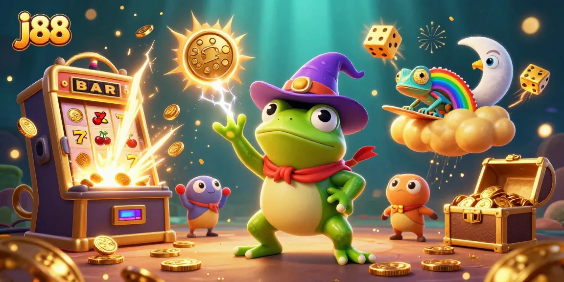 j88 players enjoying a vibrant casino scene with a wizard frog and dynamic slot elements.