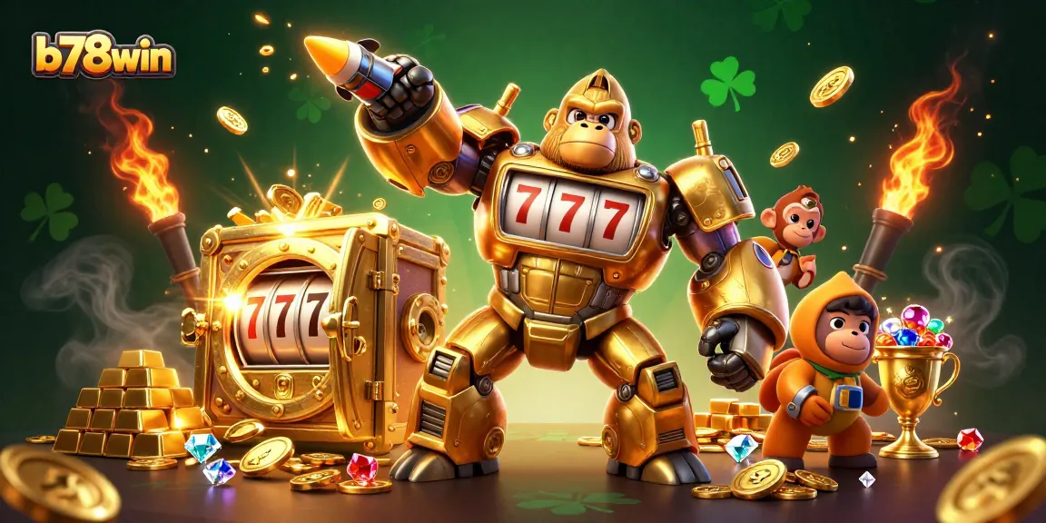 b78win features a golden gorilla mech slot machine in action, surrounded by treasures.