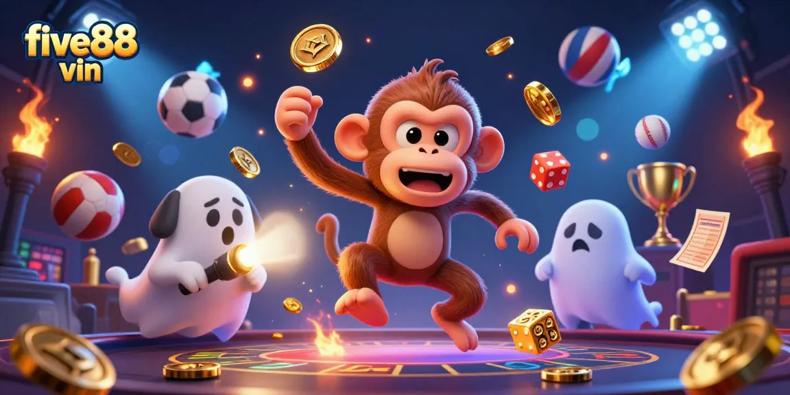 Engage with five88 vin through this vibrant 3D illustration featuring a playful ghost and dynamic sports balls.