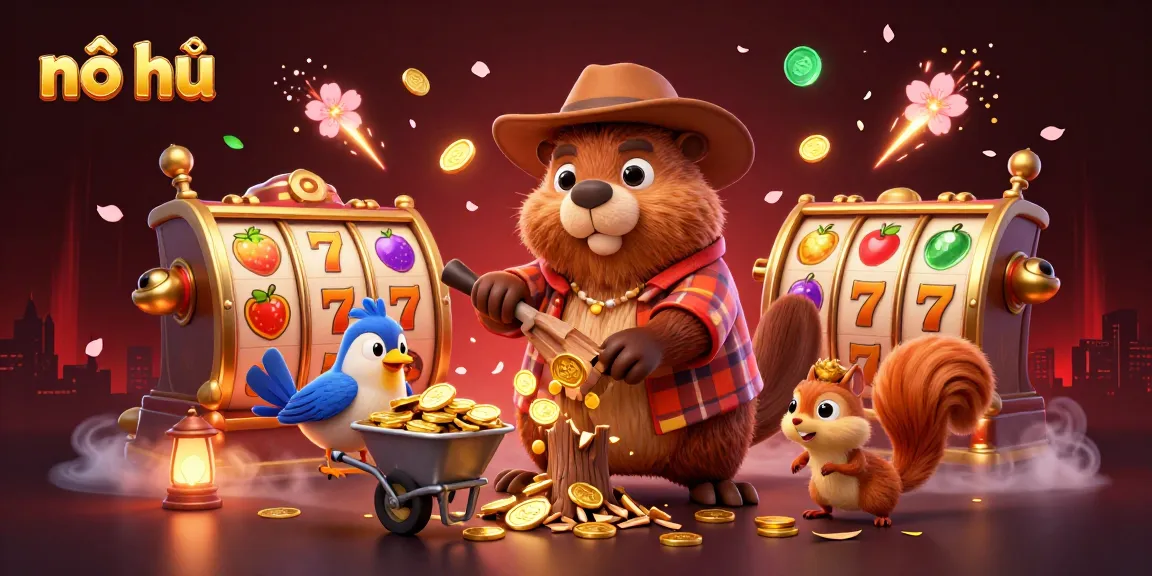Experience the thrill of nổ hũ while watching a beaver and friends collect gold in this casino-themed illustration.