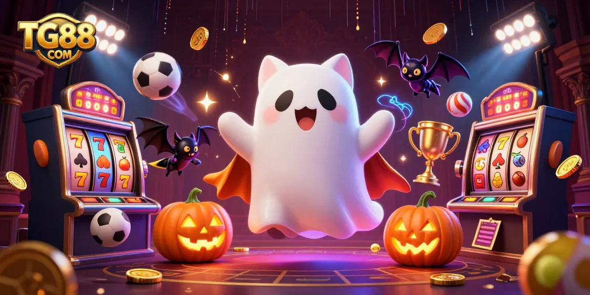 Experience thrills with TG88COM's lively gaming atmosphere featuring a playful cartoon ghost cat among vibrant slot games.