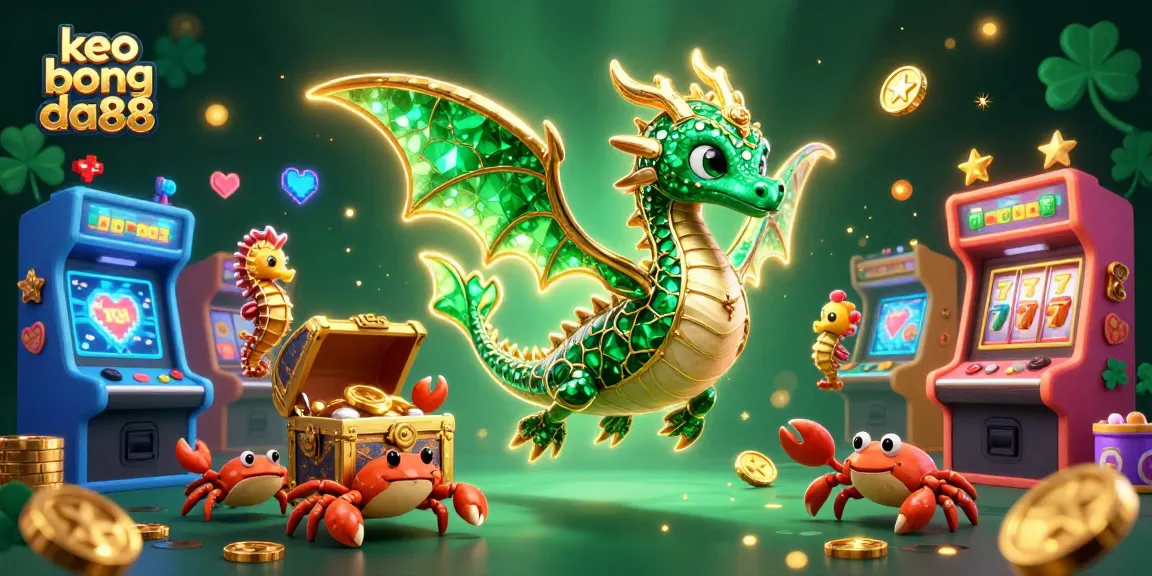 Play exciting games at keo bong da88, surrounded by vibrant 3D gaming elements and treasures.